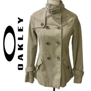 Y2K OAKLEY TRENCH COAT KHAKI SZ XS PEA COAT MILITARY STYLE VERSATILE AESTHETIC